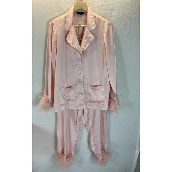Nadine Merabi Darcie‎ Pink Pajamas size XL fur trimmed satin lounge luxury silk - Picture 2 of 15